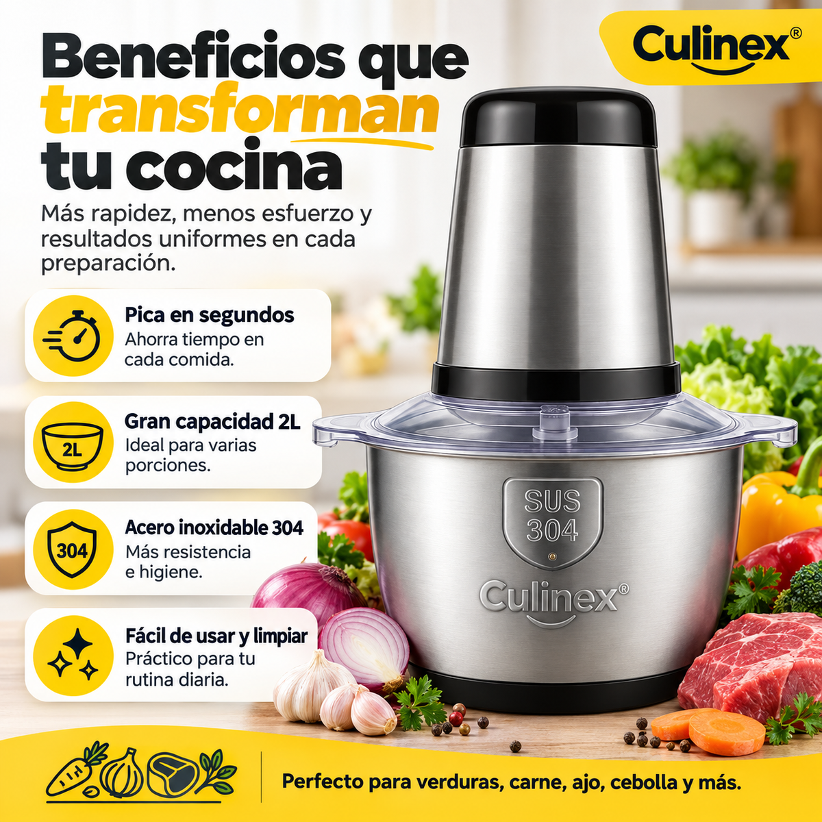 Culinex® – Procesador Eléctrico con Recipiente de Acero Inoxidable